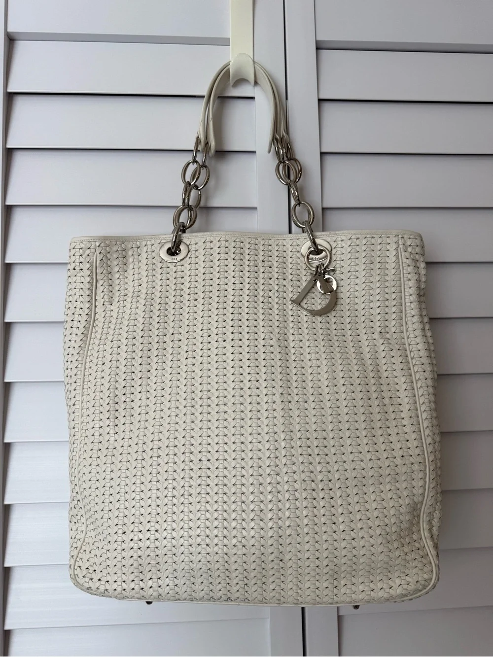 Authentic Christian Dior Woven Lambskin Soft Lady Dior Tote Bag, Silver Hardware